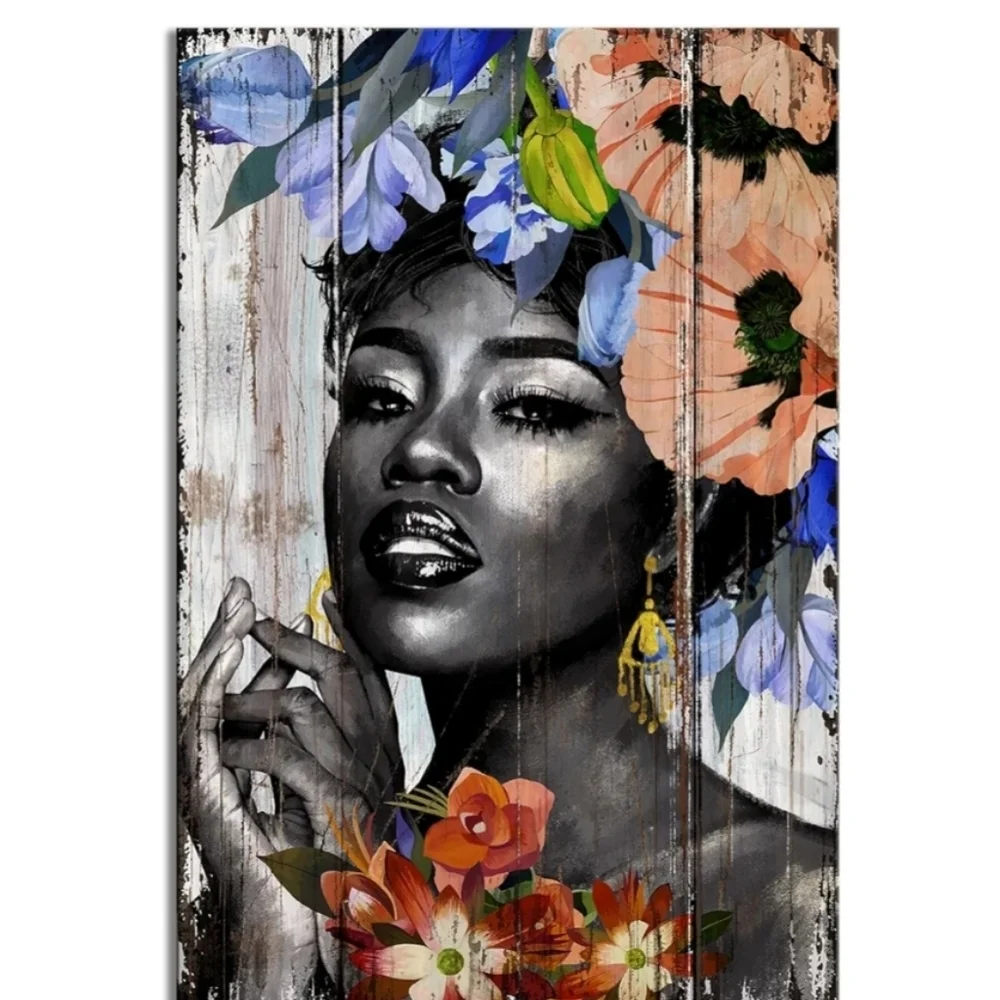 Yeawin African American Wall Art Black Girl Black Woman with Flower Canvas Wall